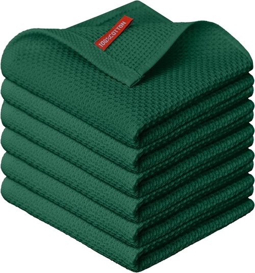 Artoid Mode 100% Cotton Kitchen Dish Cloths - Dark Green Waffle Weave, Ultra Soft & Absorbent, 12x12 Inch, Set of 6