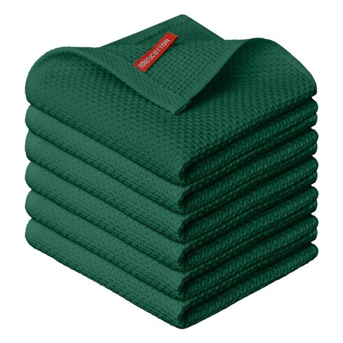 Artoid Mode 100% Cotton Dark Green Waffle Weave Kitchen Dish Cloths, 12x12 Inch Ultra Soft Absorbent Quick Drying Kitchen Dish Towels Set of 6