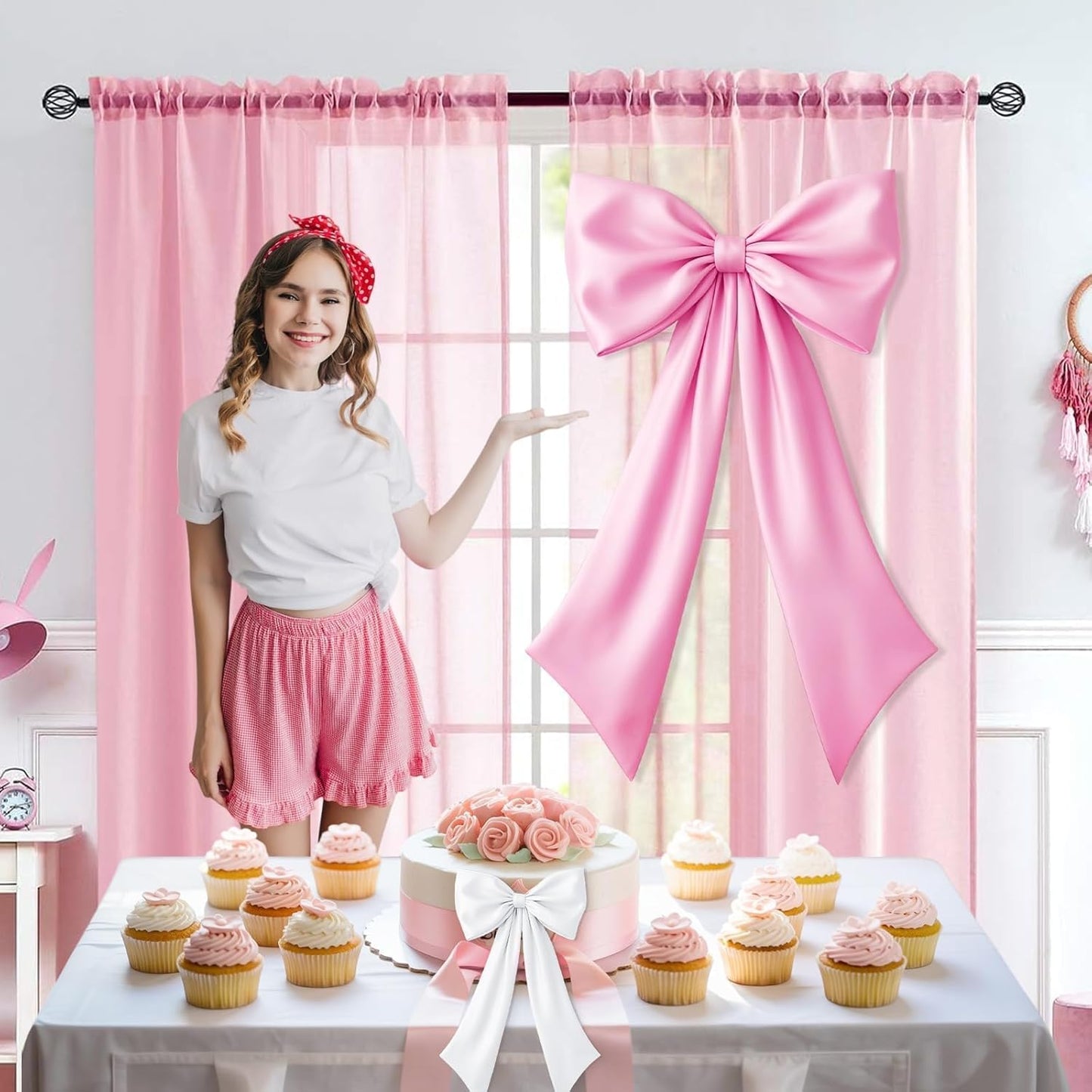 Skiennix Pink & White Bow Decor - 2 Pack Large & Small Coquette Room Backdrop for Events