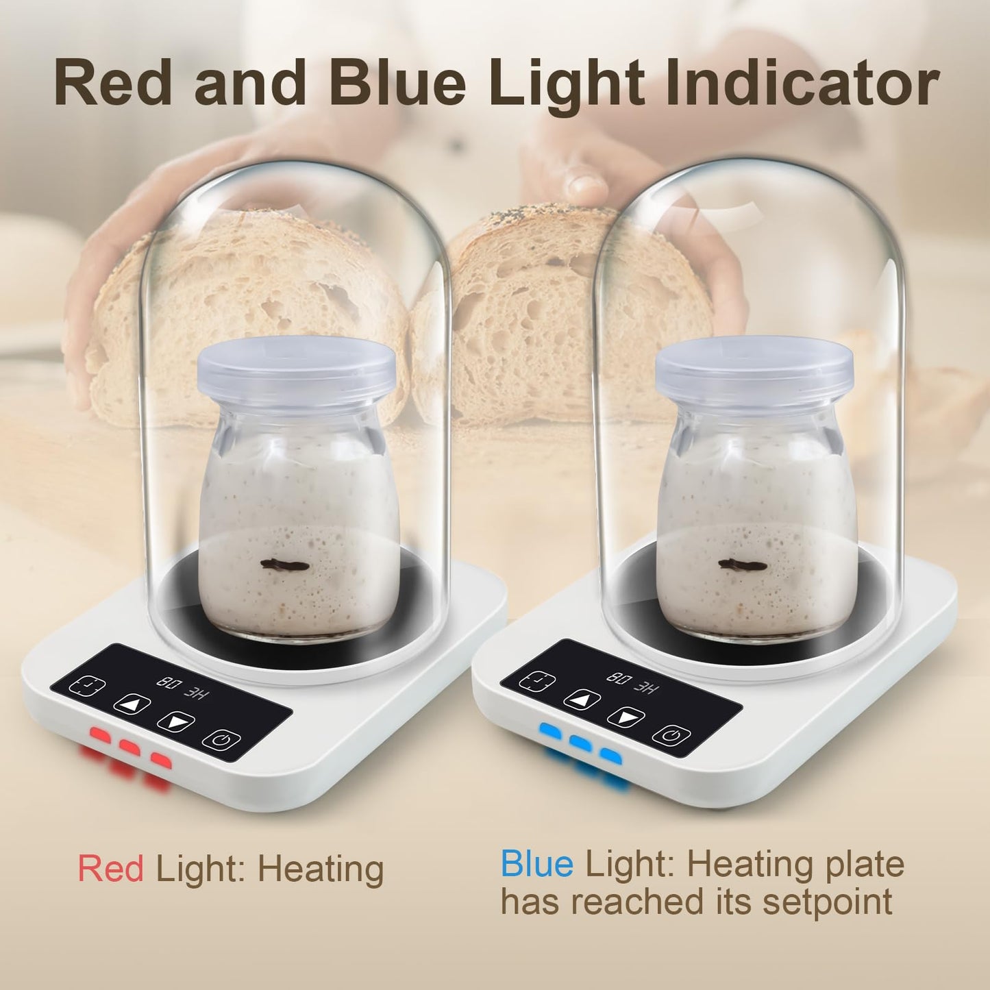 Sourdough Starter Warmer with Glass Dome, 1°F Precise Temperature Control from 70 to 100°F, 0-12H Timer Auto Warming ON/Off, Sour Dough Heating Mat and Glass Cover Set for Baking Fermentation