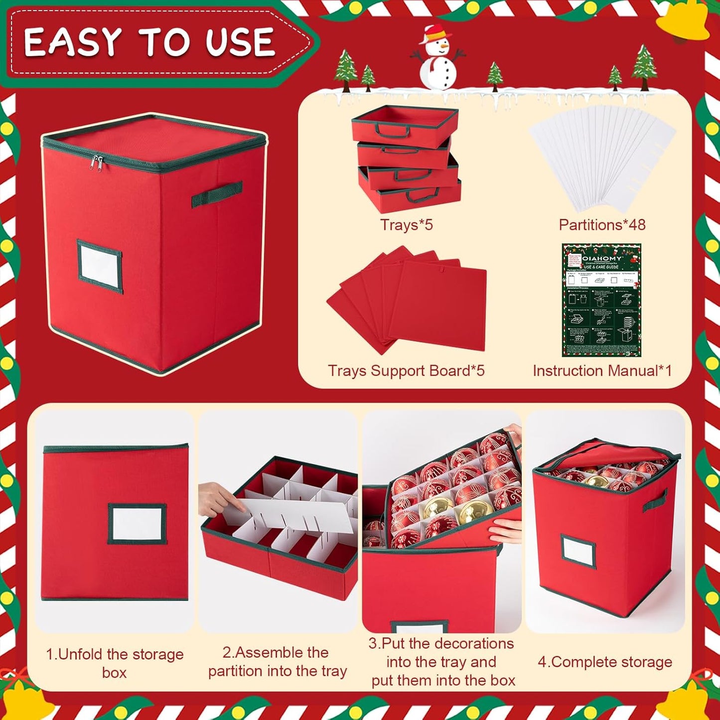 OIAHOMY Christmas Ornament Storage Box - Holds 80 Ornaments with Trays & Zippers | Durable 600D Oxford Fabric - Red