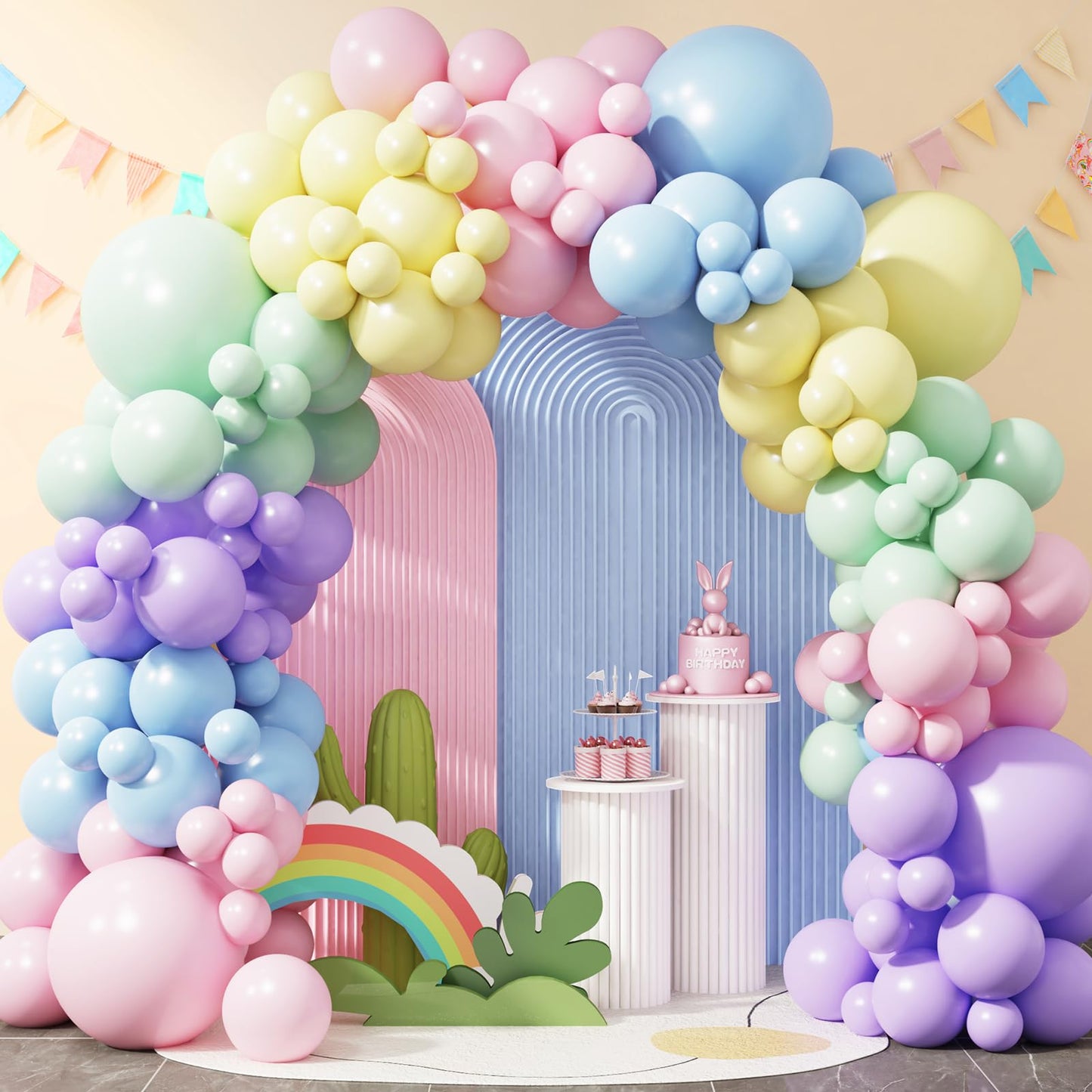 RUBFAC 129pcs Pastel Balloons Different Sizes 18 12 10 5 Inch, Macaron Rainbow Easter Balloon Arch Kit for Baby Shower Birthday Party Gender Reveal Garland Decoration