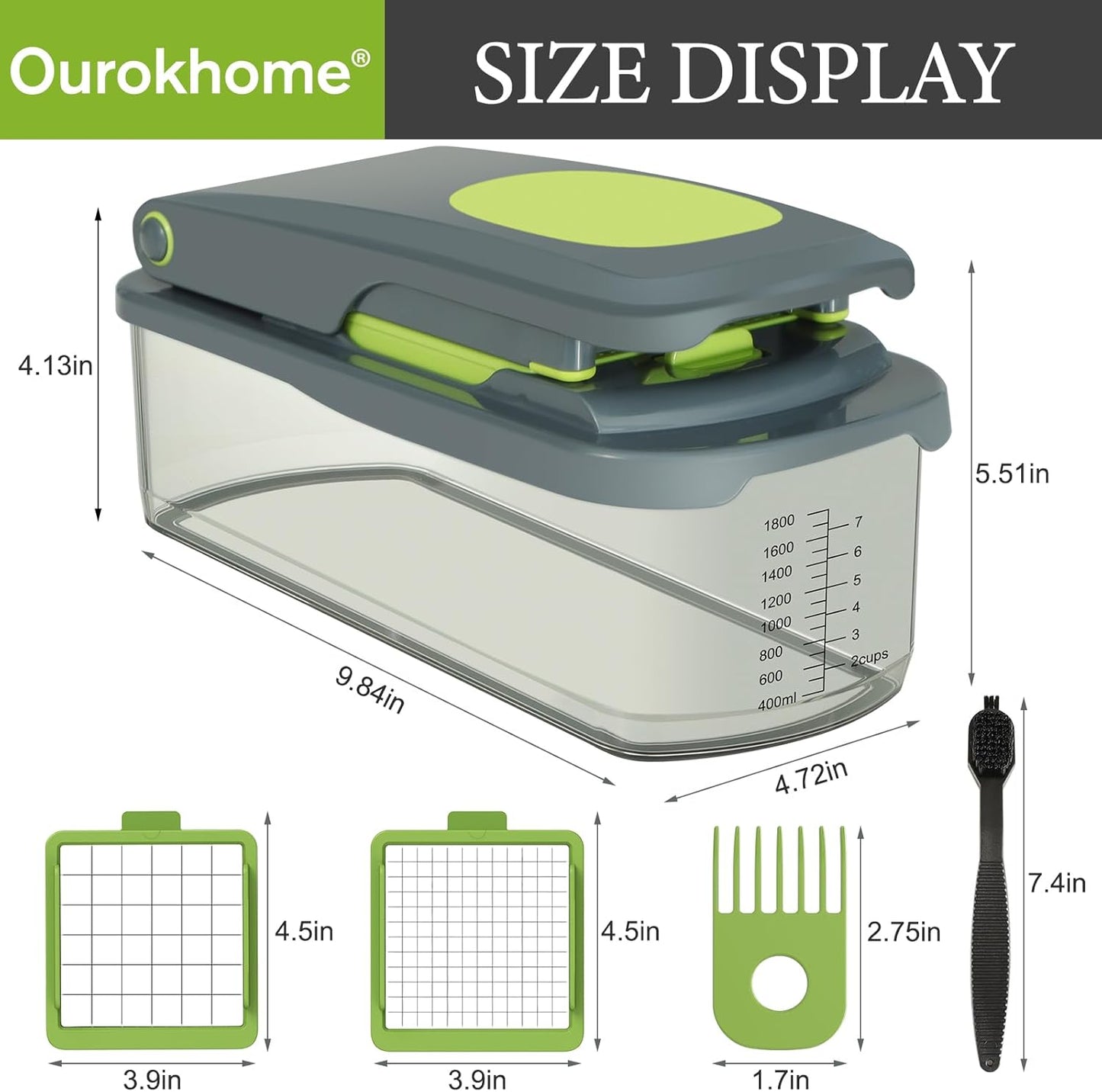 Ourokhome Vegetable Chopper - Manual Hand Dicer with 2 Blades for Potatoes, Onions & Carrots | 2-in-1 Gray Kitchen Gadget