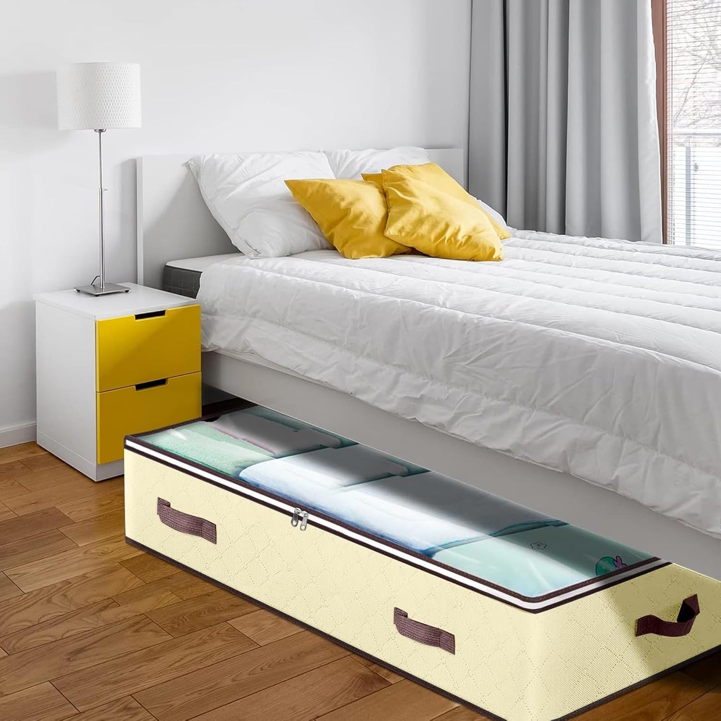 90L Under Bed Storage Containers by [Brand Name] - Clear Window Organizers for Bedding & Toys | 2 Pack Beige