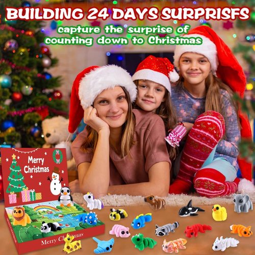 JOICEE Christmas Advent Calendar - 24 Mini 3D Animal Figurines | Articulated Flexible Toys for Kids