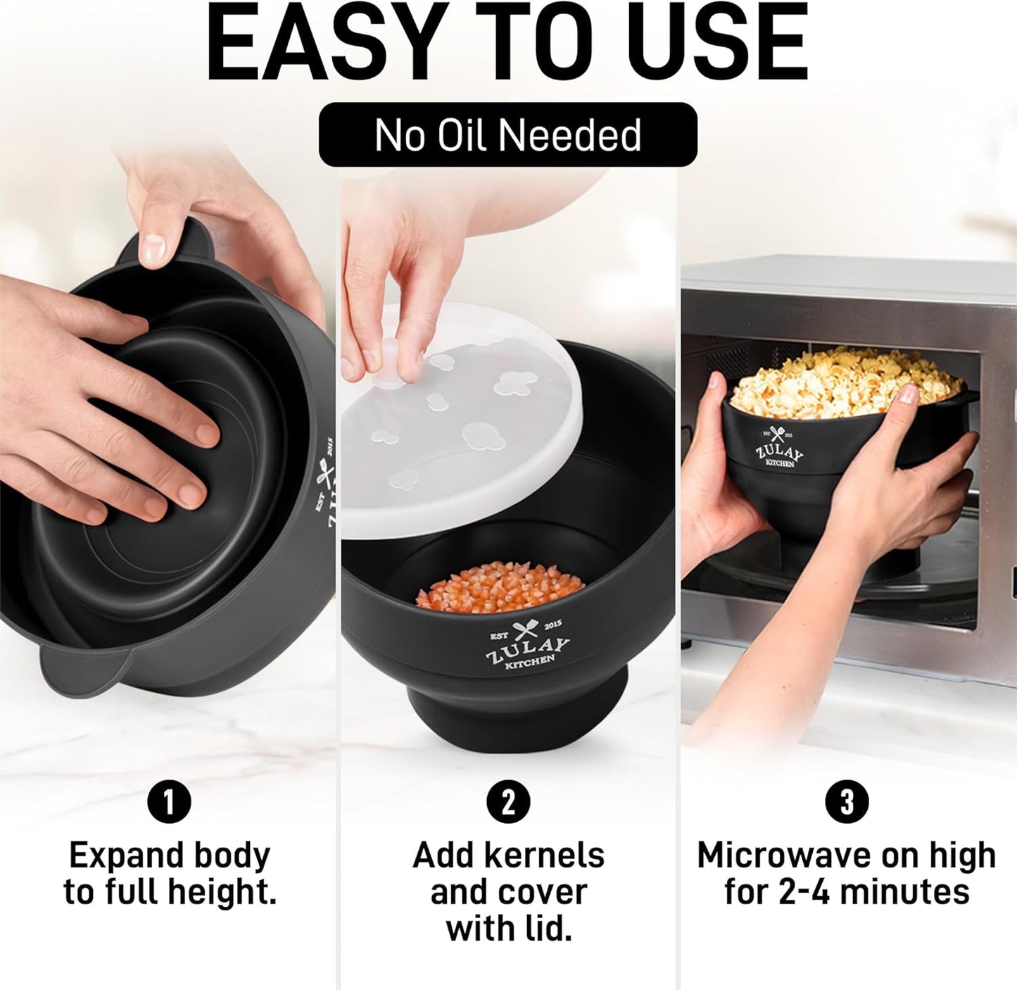 Zulay Microwave Popcorn Popper - Collapsible BPA-Free Silicone, Dishwasher Safe | Black, Spacious Design