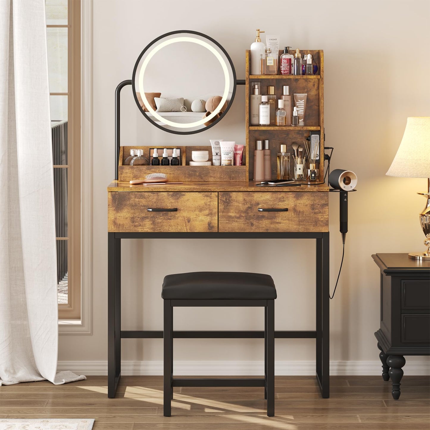 Makeup Vanity Desk with Round Mirror and Lights, White Vanity Makeup Table, Small Vanity Table for Bedroom with Lots Storage, 3 Lighting Modes, 31.5in(L)