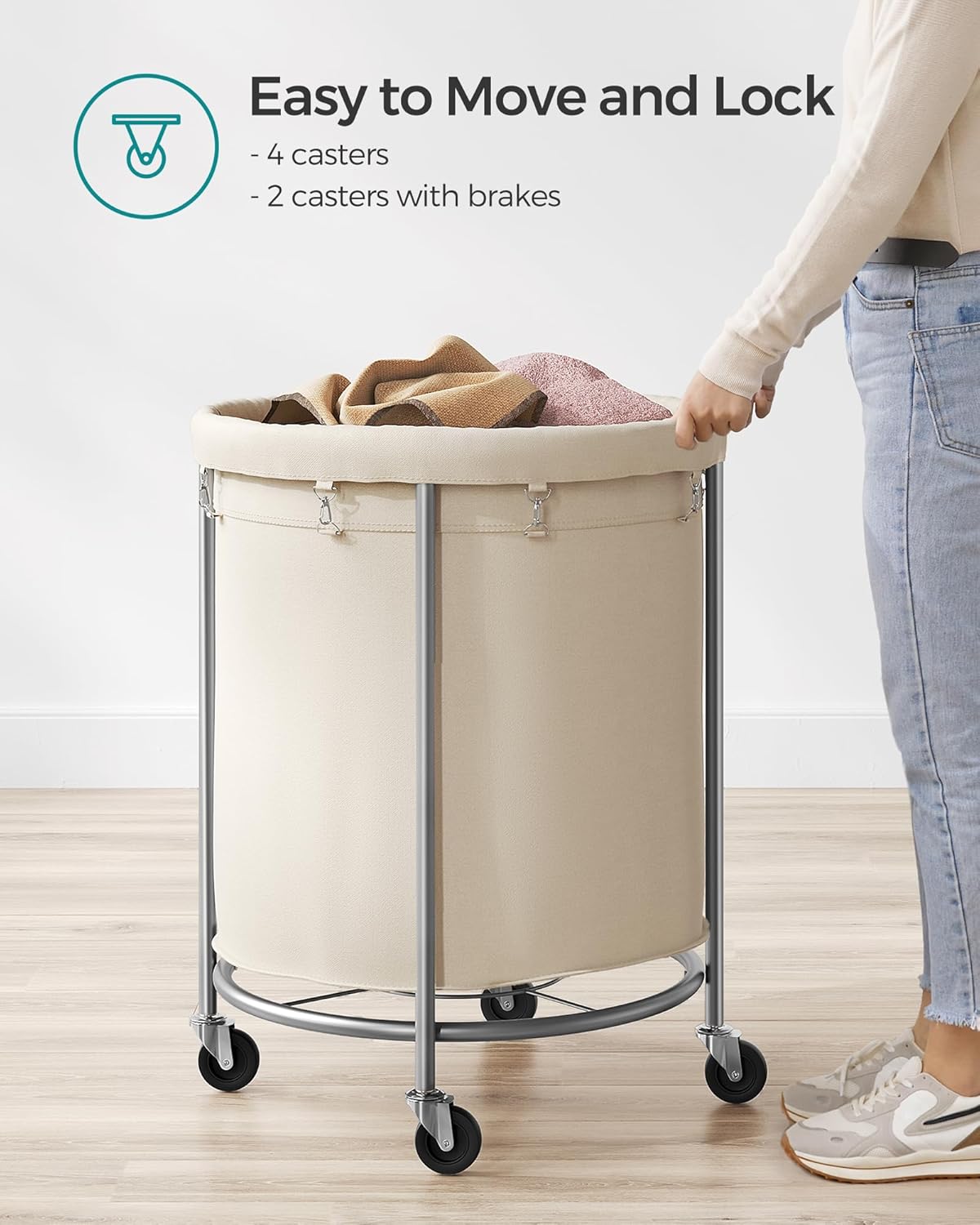 SONGMICS Laundry Basket - 50.2-Gallon Rolling Hamper Cart with Steel Frame & Removable Bag - Cream White & Metallic Silver