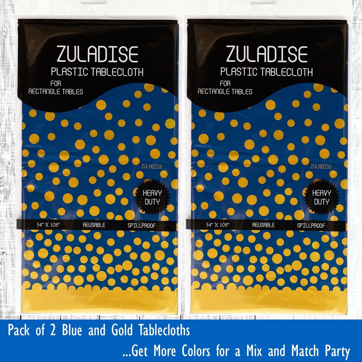 ZULADISE 2 Pack Premium Blue and Gold Plastic Tablecloths – Thick, Durable, Reusable Table Covers (54 x 108 in) – Disposable Party Tablecloths for Birthday, Graduation and Event Decorations