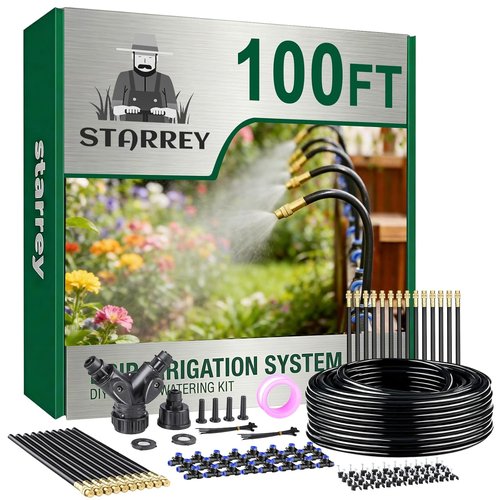 Drip Irrigation System - 100Ft 1/4" Garden Watering Kit with 24 Adjustable Copper Nozzles for DIY Gardens
