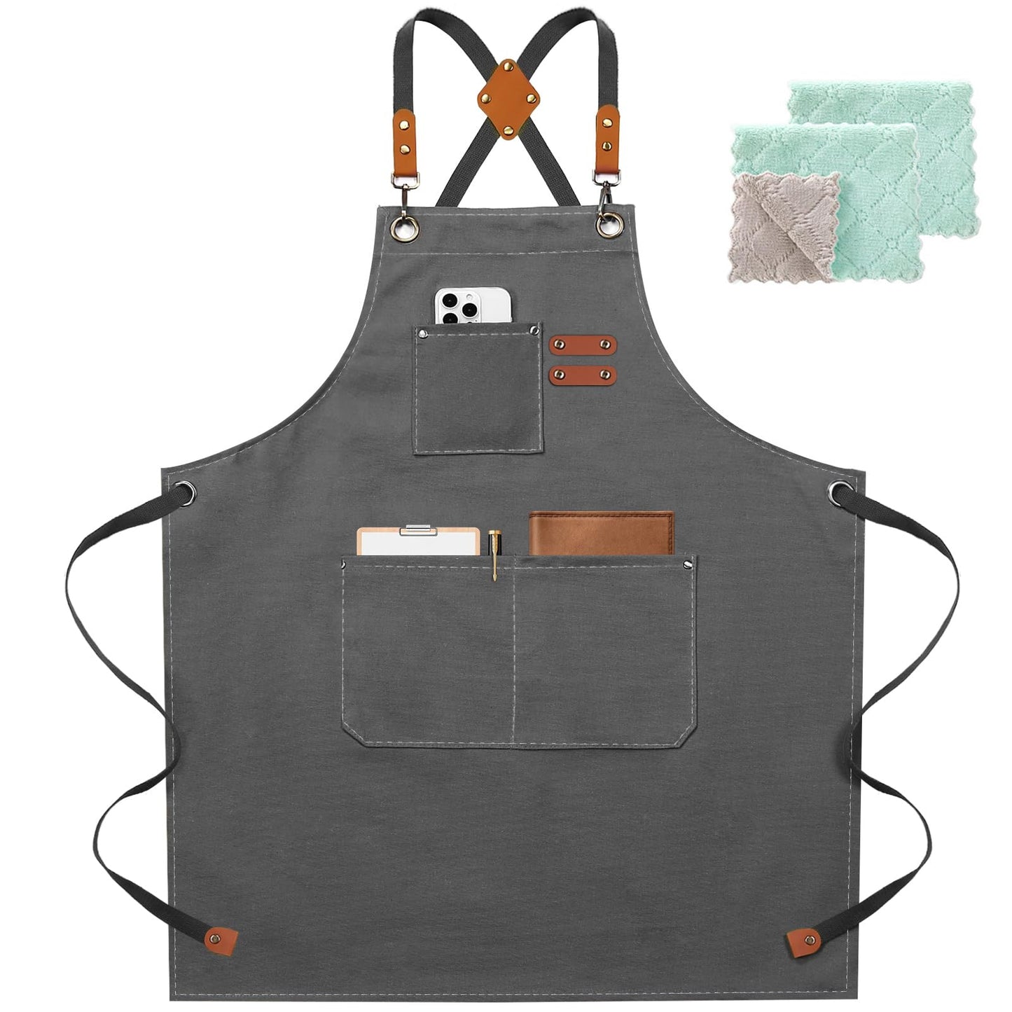 ZOMAO Chef Apron for Women Men with Large Pockets, Cotton Canvas Cross Back Waterproof Work Aprons for Kitchen Cooking Bib (Grey)
