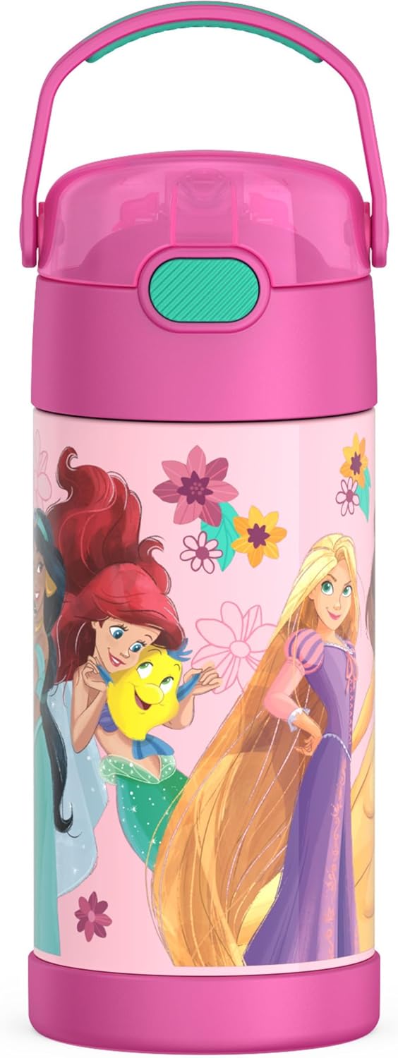 THERMOS FUNTAINER Water Bottle - 12 Ounce Kids Stainless Steel Insulated Bottle with Straw - Princess Design