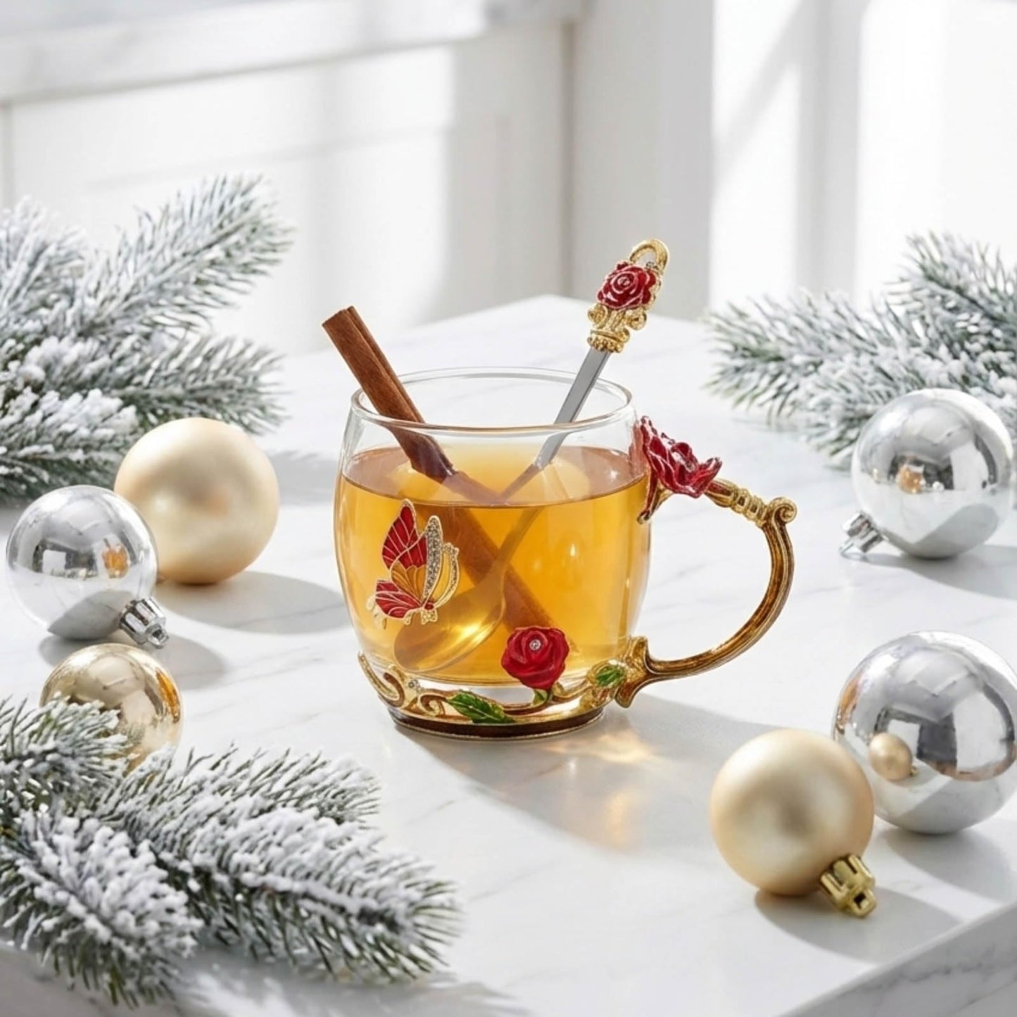 ColoVie Glass Tea Cups Set with Spoon, Coaster- 3D Red Flower Butterfly Coffee Mugs- Lead-Free Glass Coffee Cups- Best Birthday Gifts for Women, Mom- Enamels Mug- Mothers Day Gifts from Daughter