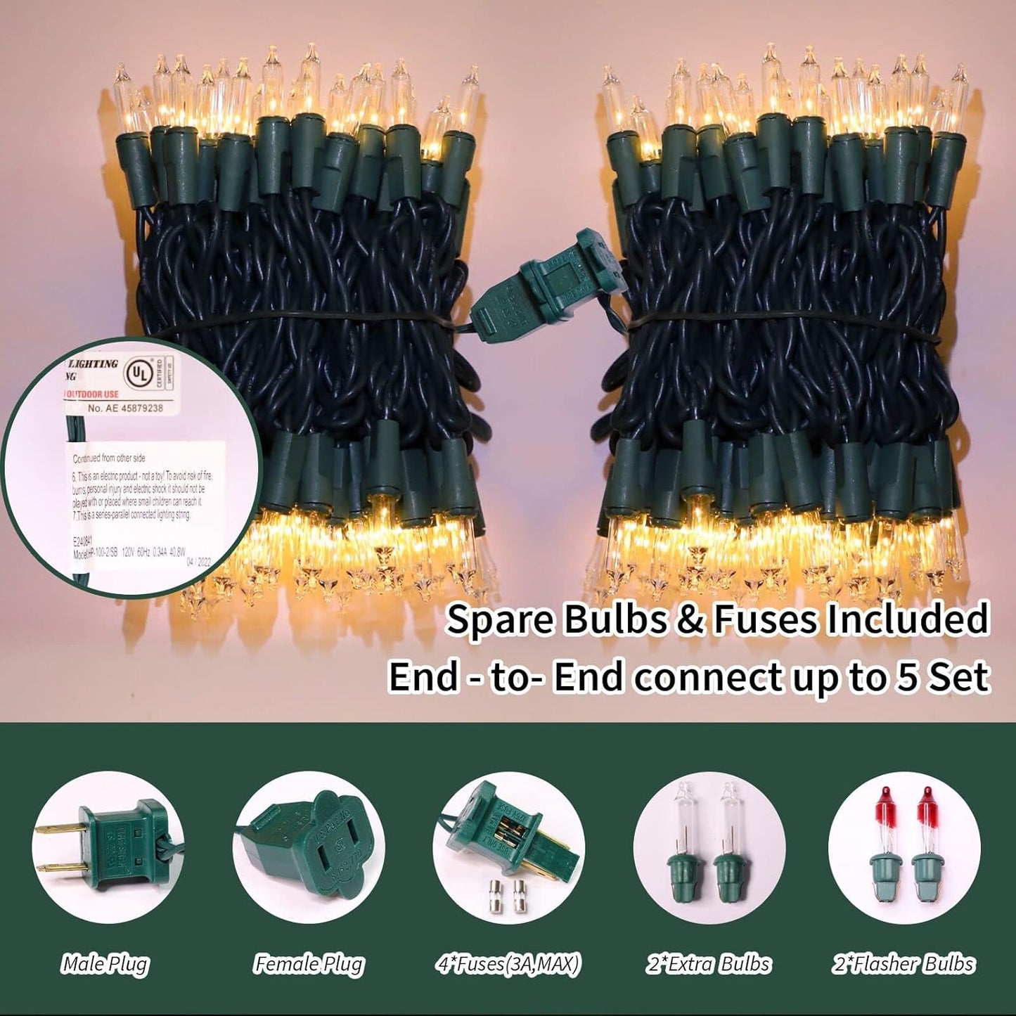 LAMPHOME Clear Warm White Christmas String Lights - 100 Count 19.6Ft Waterproof Indoor/Outdoor Decor