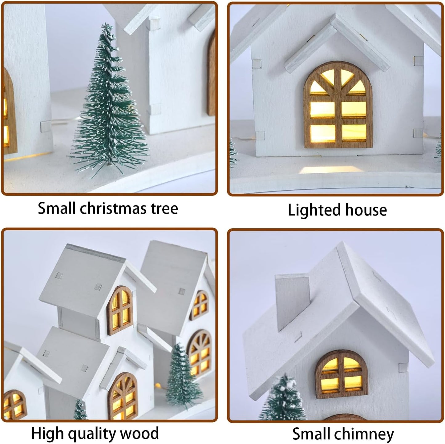 Skiennix White Christmas Village House Decoration - LED Lights & Wooden Centerpiece | Mini Winter Town Tabletop Decor