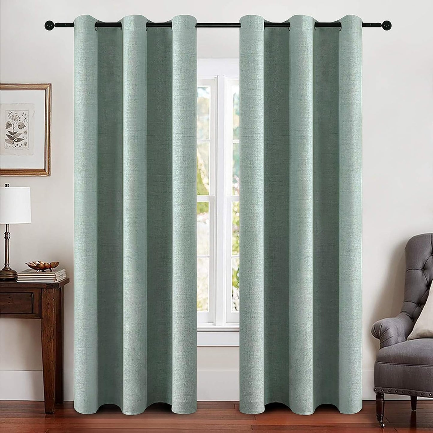 MIULEE Linen Blackout Curtains - 100% Room Darkening Thermal Insulated Grommet Panels | Seafoam Green, 42" x 84" (2 PCs)