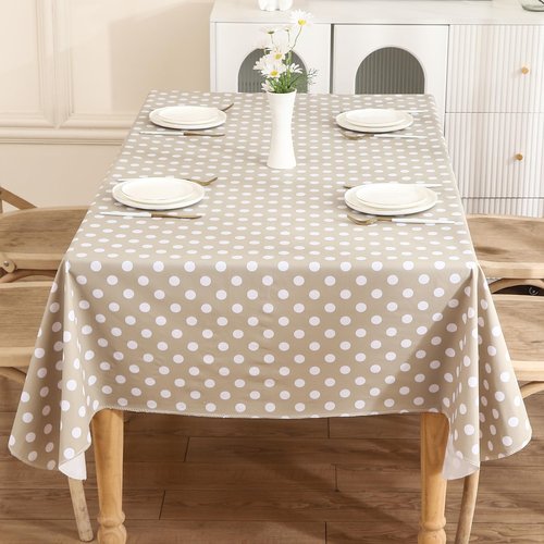Heavy Duty Vinyl Tablecloth with Flannel Backing Waterproof Oil-Proof Plastic Table Cloth Stain-Resistant Wipeable Rectangle or Square Table Cover for Indoor and Outdoor (White Dots，60x102 Inch)