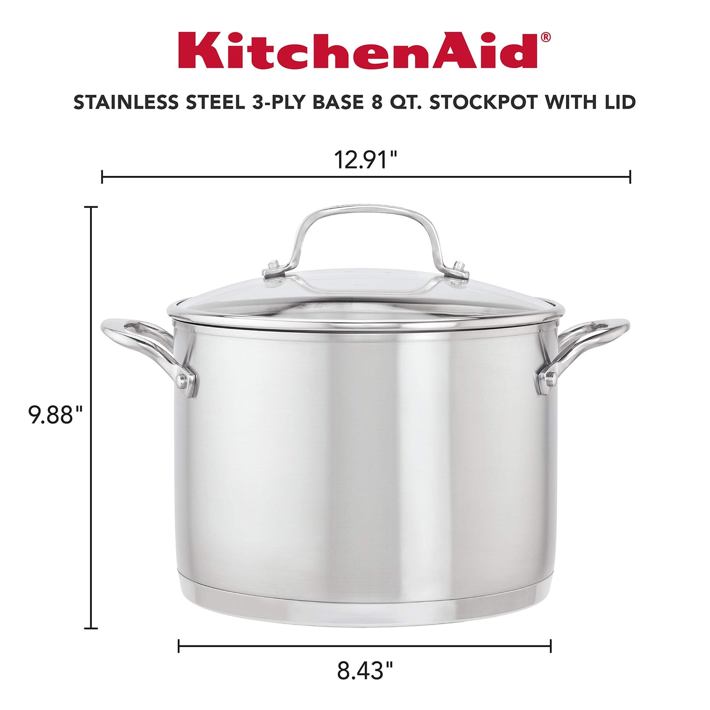 KitchenAid 71003 3-Ply Base Brushed Stainless Steel Stock Pot/Stockpot with Lid, 8 Quart
