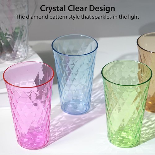 Freshmage 20 oz Unbreakable Drinking Glasses - Set of 8 Jewel Tone Reusable Tumblers | BPA-Free, Stackable, Microwave Safe
