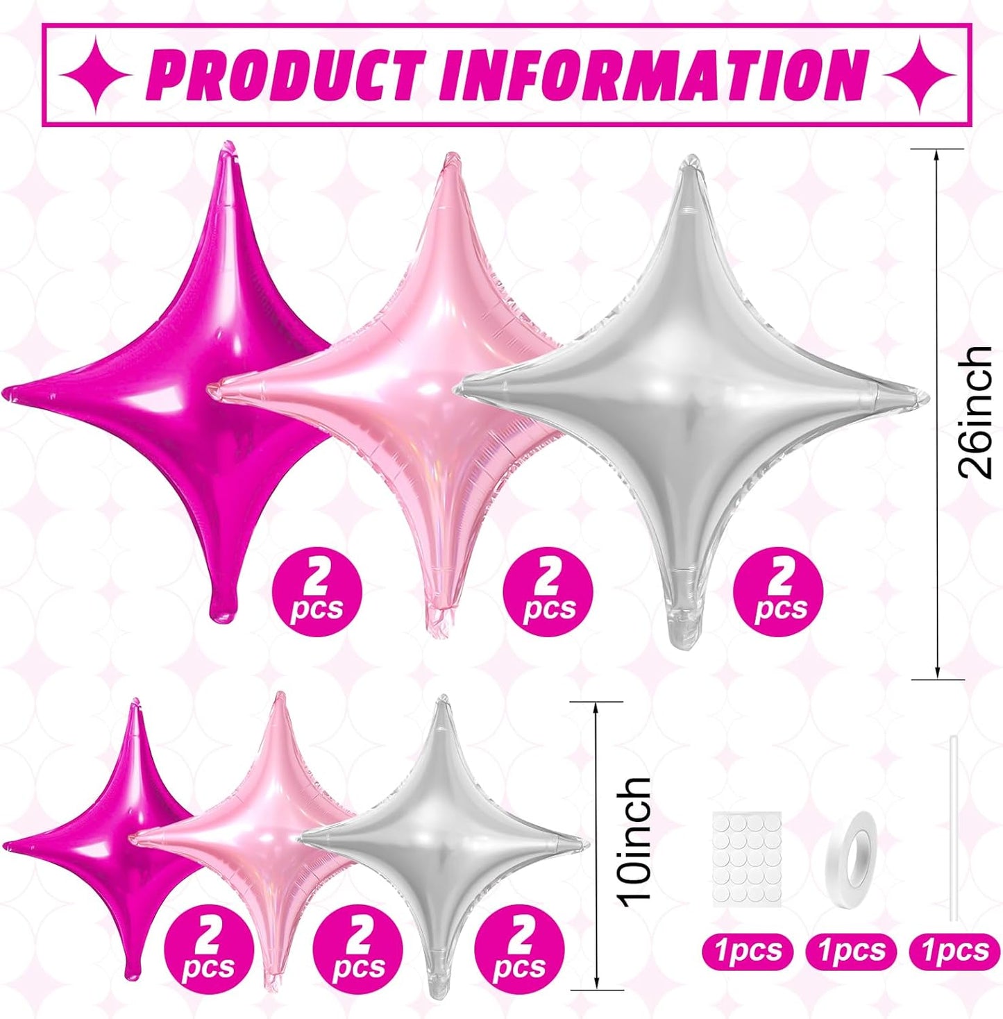 Skiennix Pink Silver Star Balloons - 12 Pcs Foil Balloons | 26-Inch & 10-Inch for Birthday & Anniversary Decor
