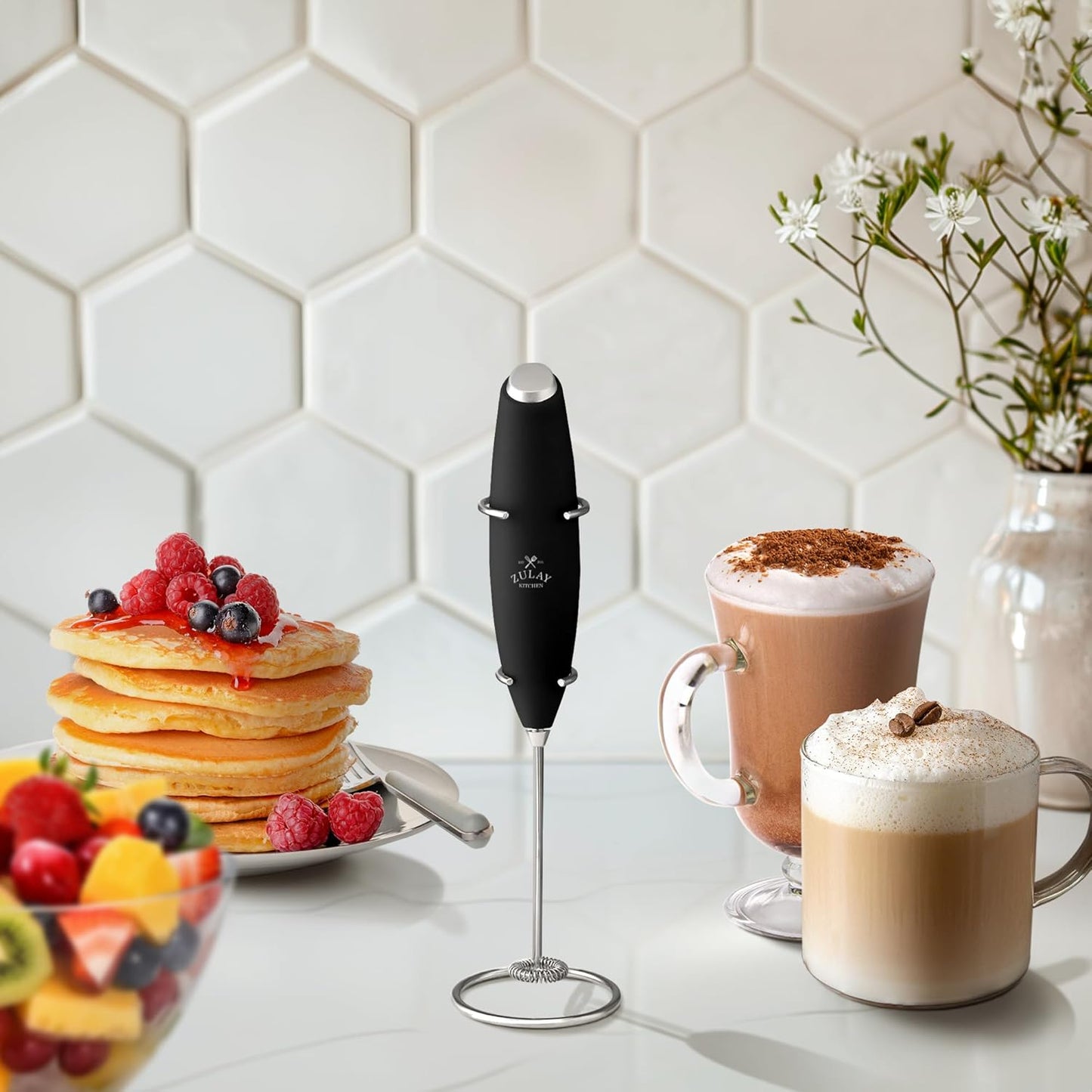 Zulay Premium Milk Frother Set - Handheld Coffee Frother with Stand & 12oz Pitcher | 13,000 RPM Motor, 4 Stencils