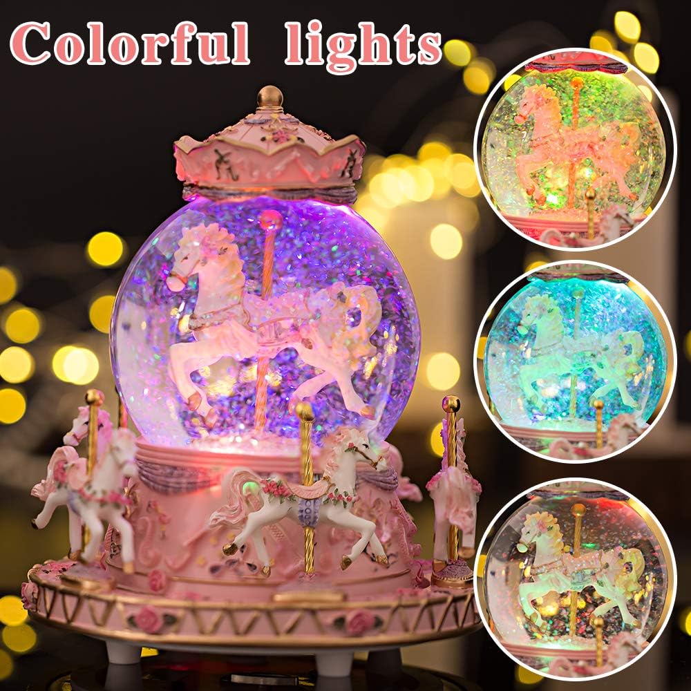 LOVE FOR YOU Musical Snow Globe Carousel | Gift-Wrapped with Ribbon, Colorful Lights & Horses - Perfect for Girls, Women & Kids