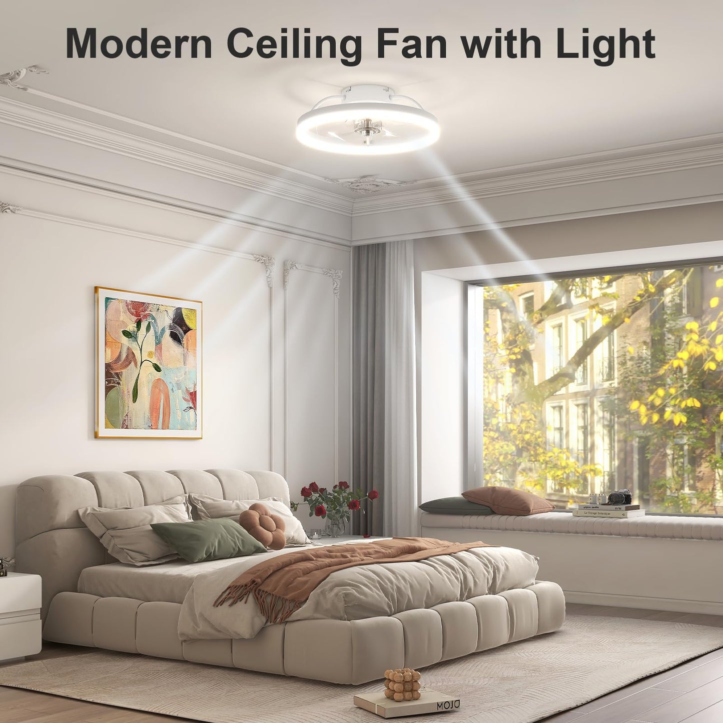 VOLISUN Low Profile Ceiling Fans with Light and Remote,15.7in Modern Bladeless Ceiling Fan with Lights,3000K-6500K Dimmable Flush Mount LED Fan Light,Brown Fandelier Ceiling Fans for Bedroom