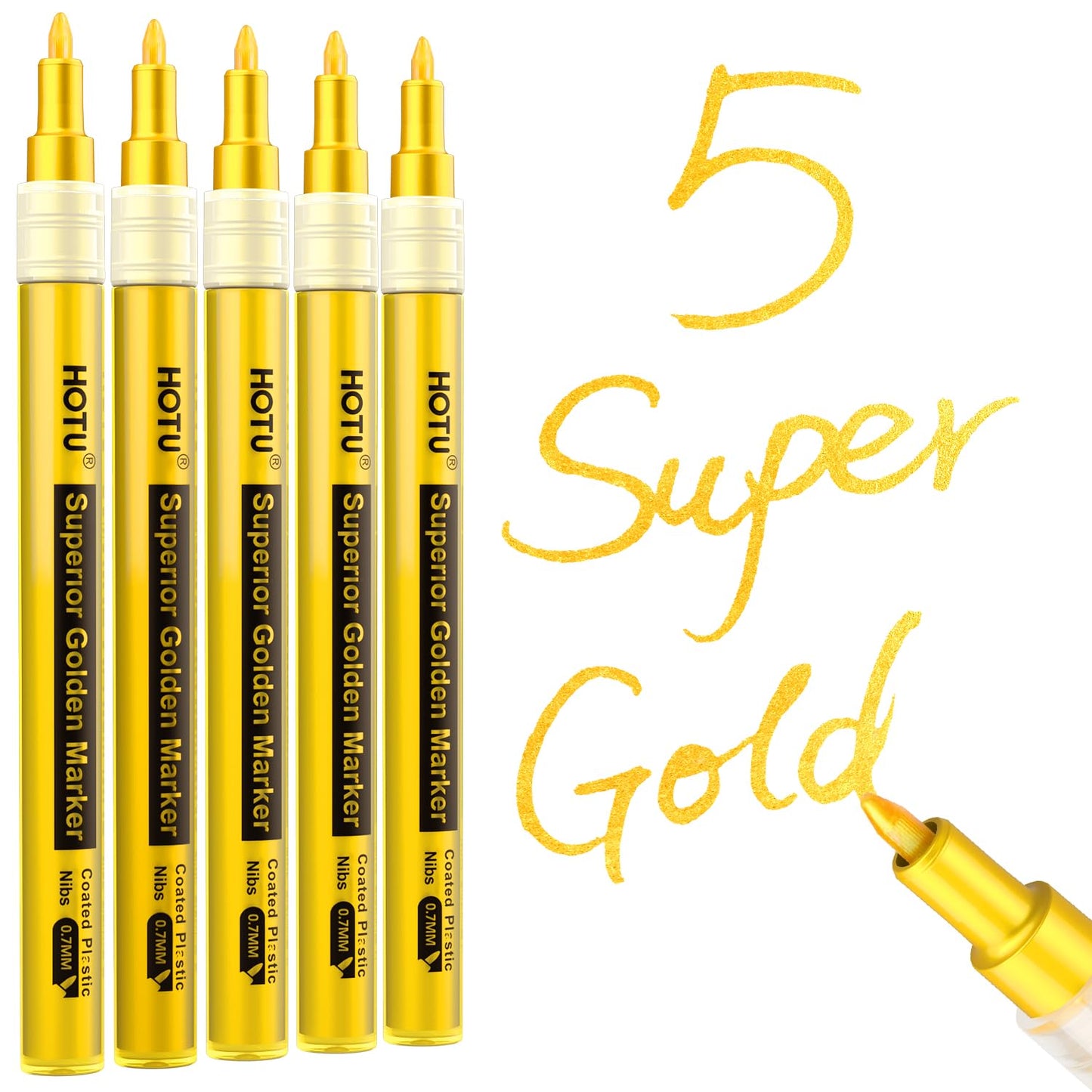 HOTU 5 Pack Super Gold Paint Markers - Metallic Gold Acrylic Paint Pens Glitter Extra Fine Tip 0.7mm for Black Paper,Wood, Rock Painting, Glass, Fabric