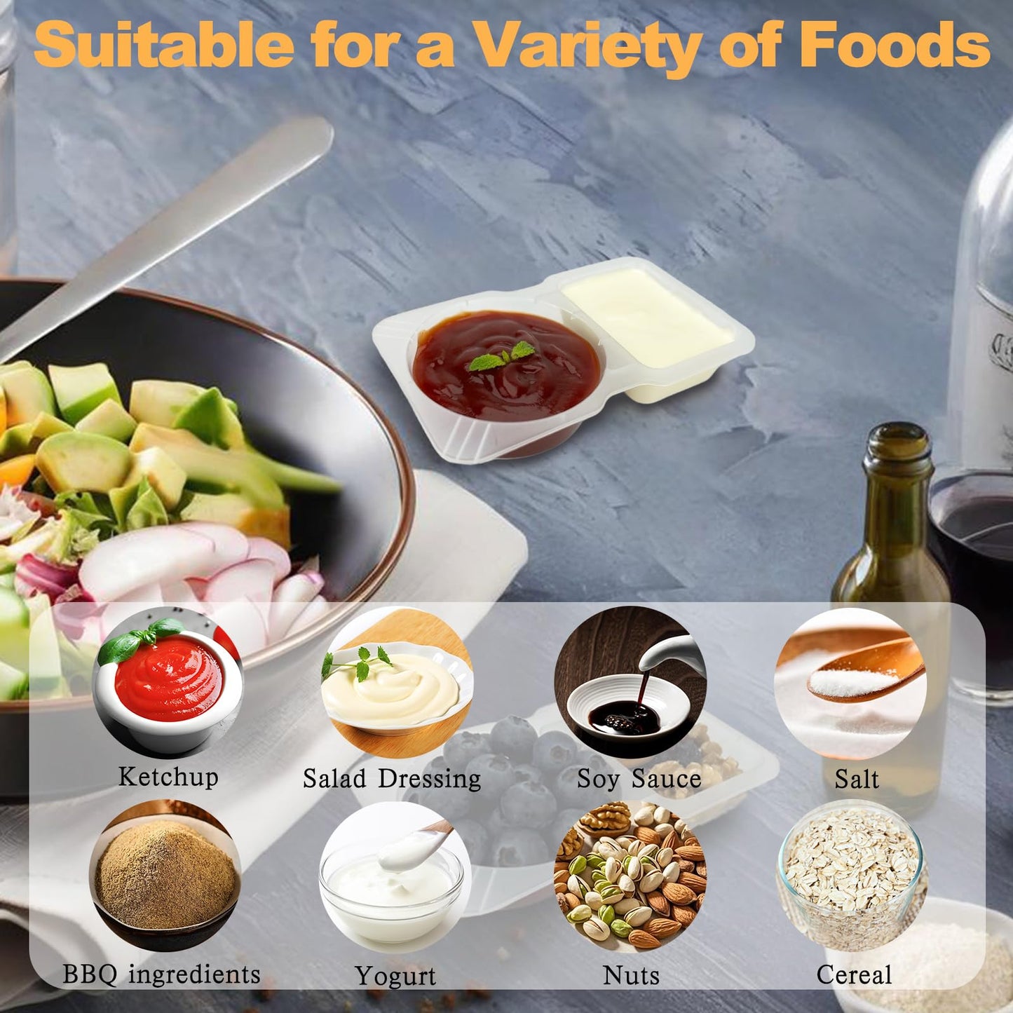 BIRDDIE 30 PCS Disposable Double Compartment Condiment Containers with Lid - 2-in-1 Transparent Plastic Snack Box for Sauce, Spices, Meal Prep, Picnics, Camping & Travel