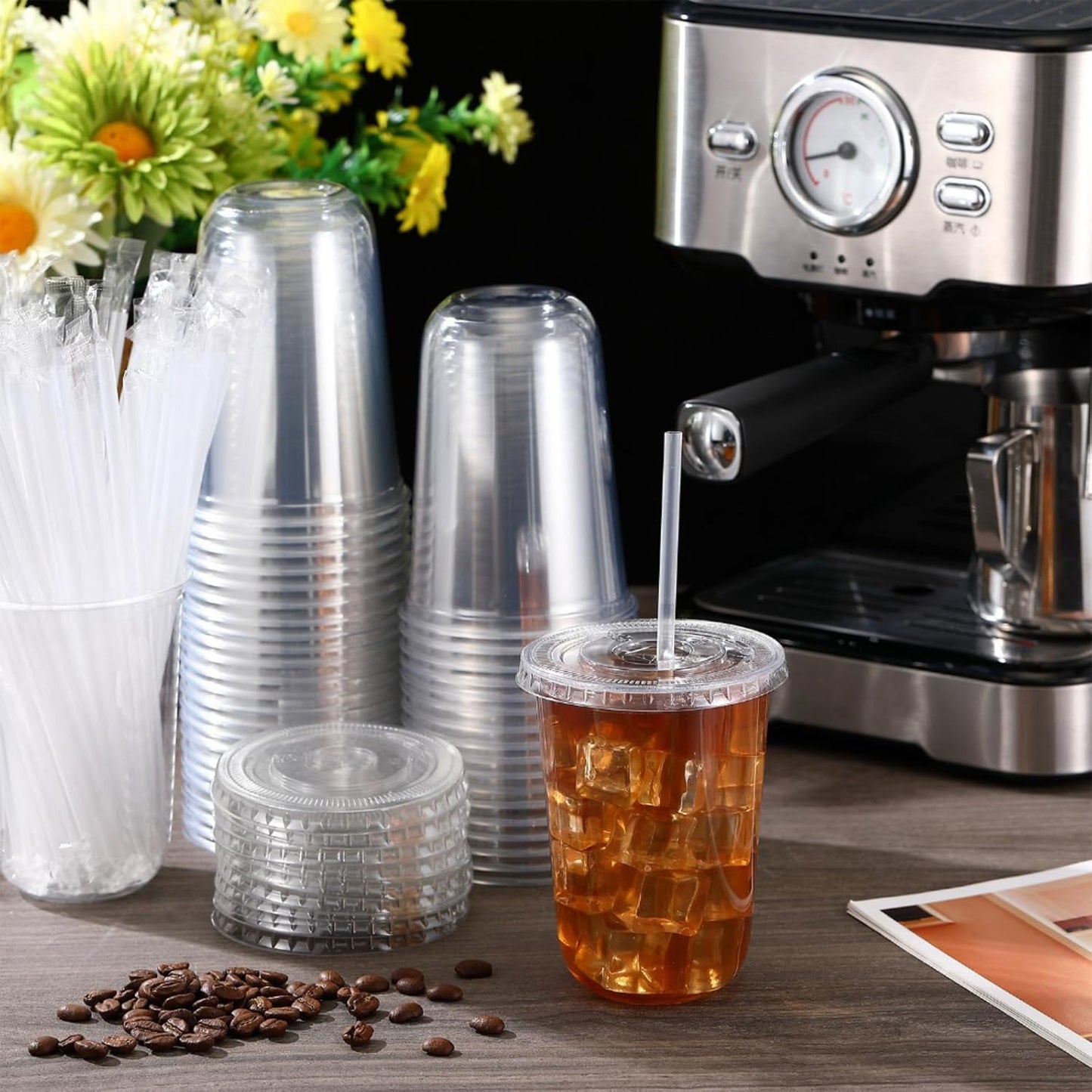 Ziliny 50 Sets Clear Plastic Cups - Disposable Iced Coffee Cups with Lids & Straws | 16 oz, Clear