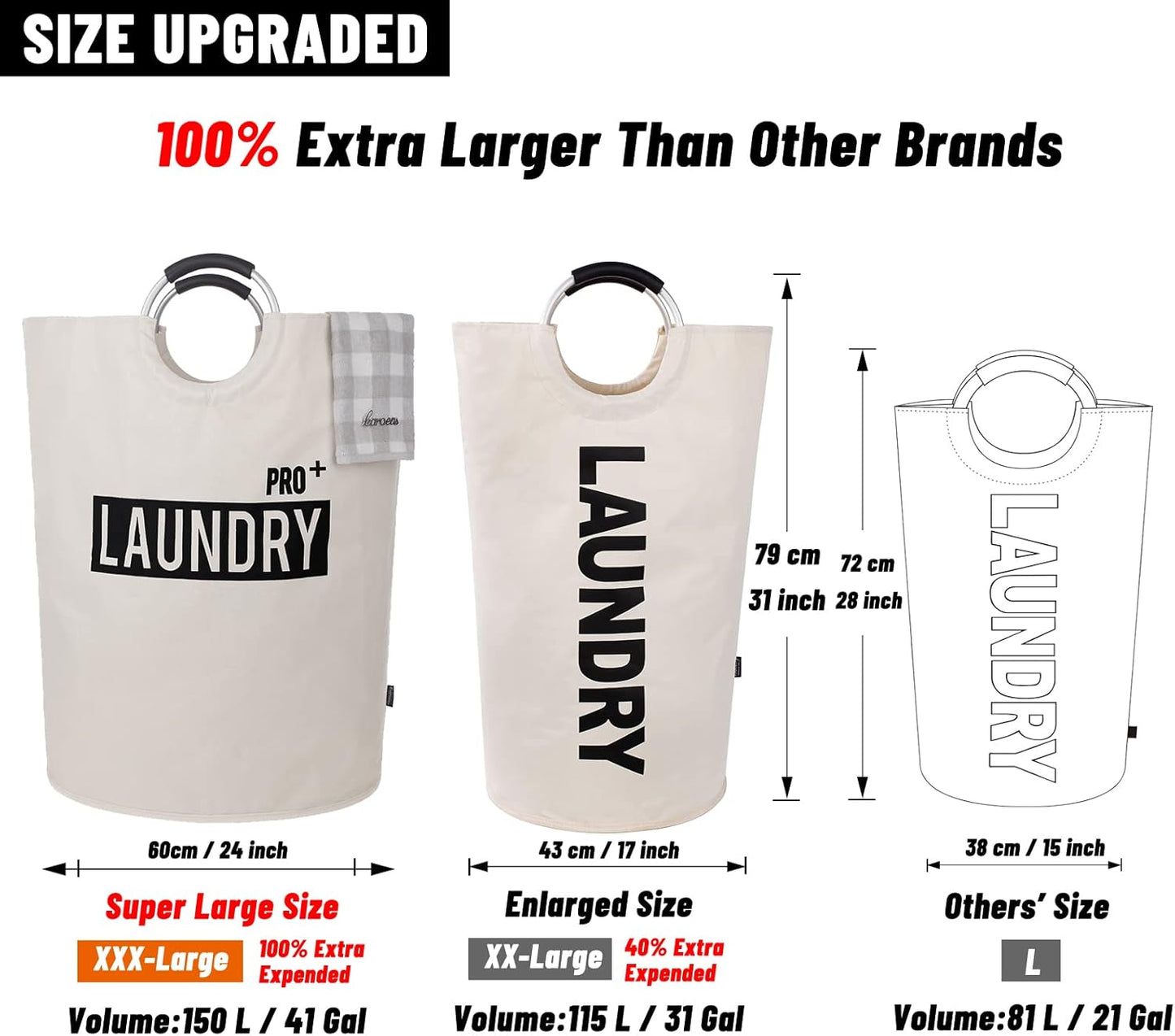 Caroeas Super Large 150L Laundry Basket - Waterproof & Collapsible Design with Padded Handles | Beige
