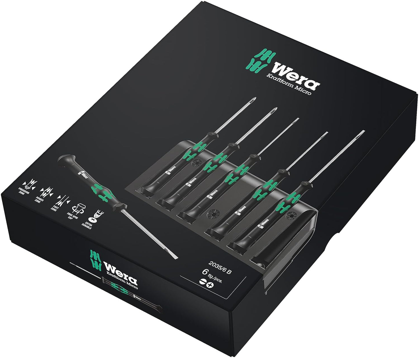 Wera 2035/6 Electronics Screwdriver Set - 6-Piece Kraftform Micro Slotted & Phillips with Rack