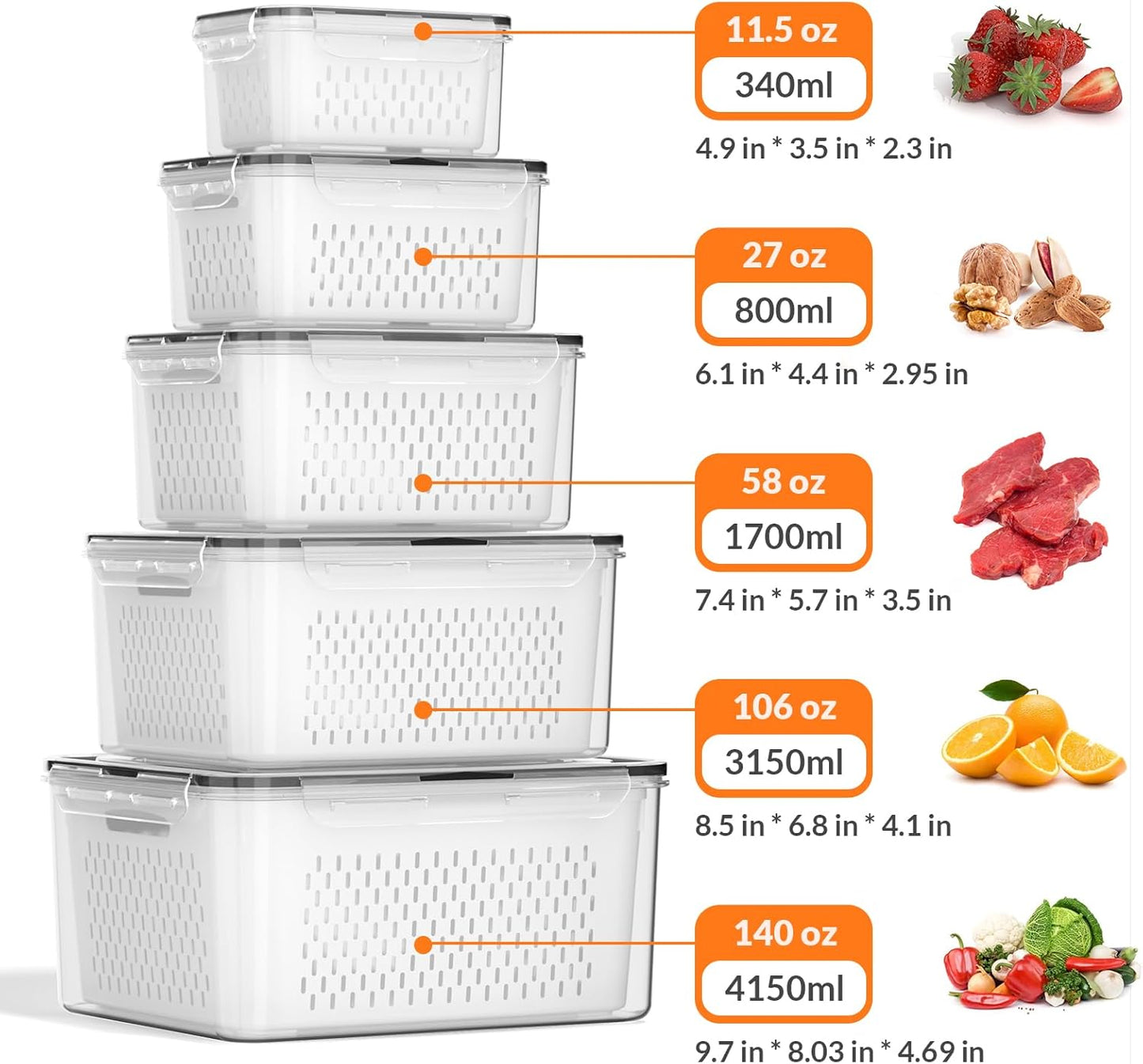 Skiennix Large Fruit Storage Containers - Airtight 5-Piece Set with Removable Colanders | Keep Produce Fresh Longer