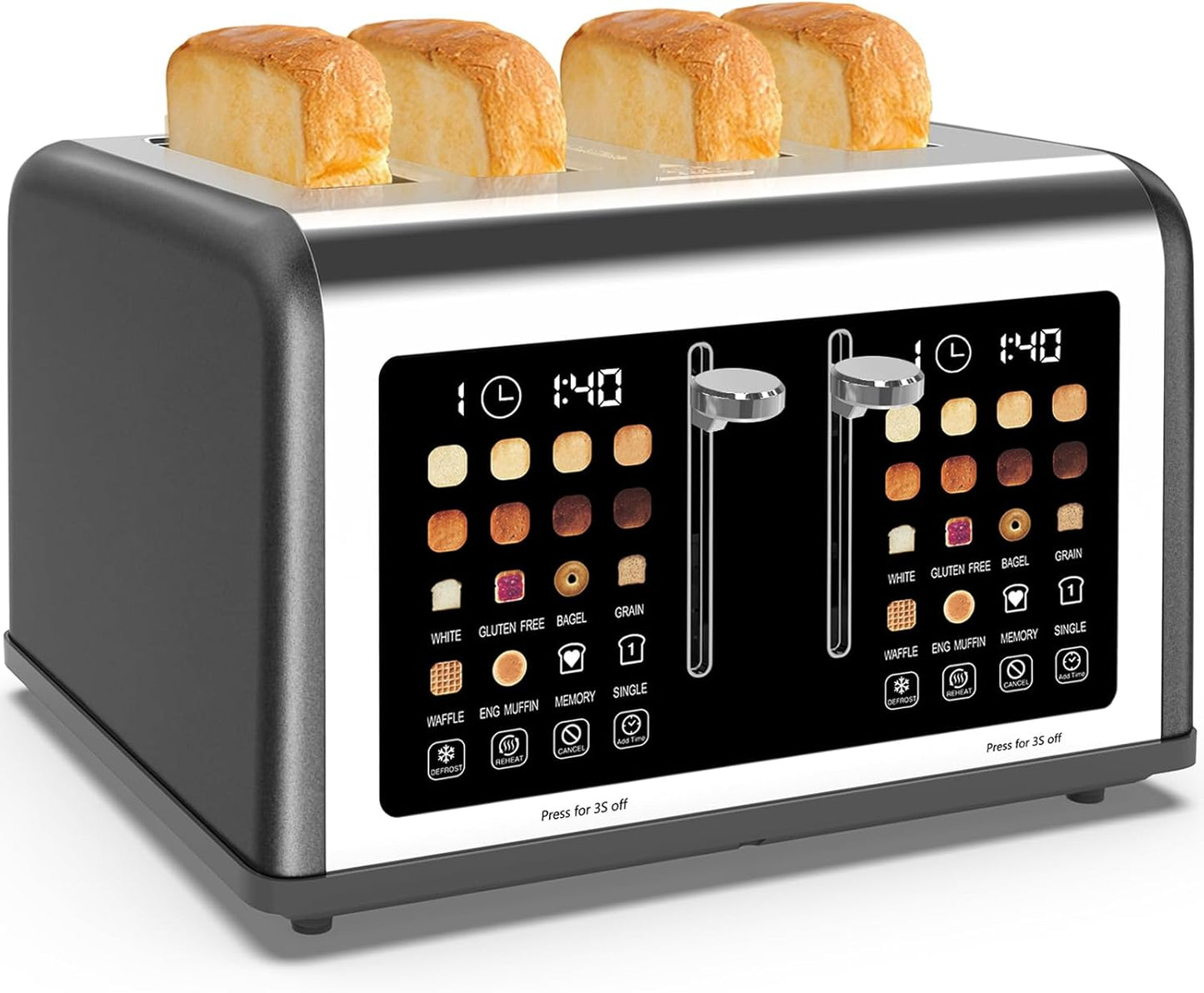 Skiennix 4-Slice Toaster - Touch Screen Control, 8 Shade Settings, Dual Panel, 1650W - Grey Finish