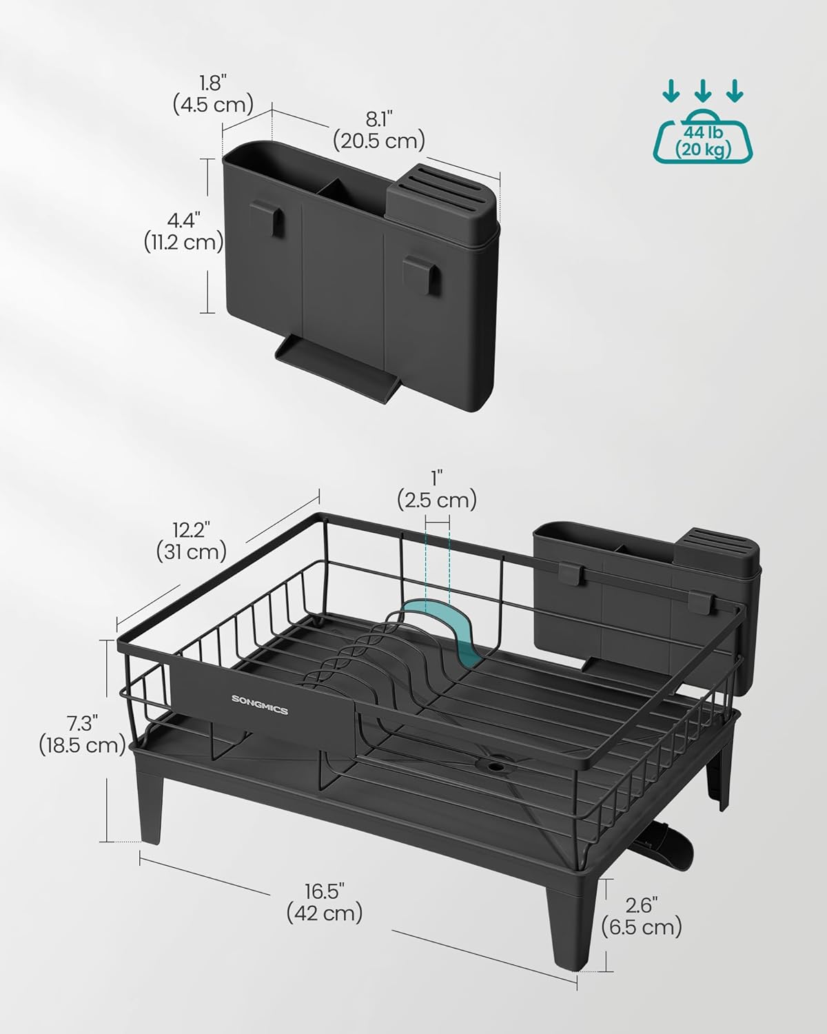 SONGMICS Dish Drying Rack - 360° Rotatable & Extendable Spout with Cutlery Holder | Ink Black, 12.2 x 16.5 x 7.3 Inches
