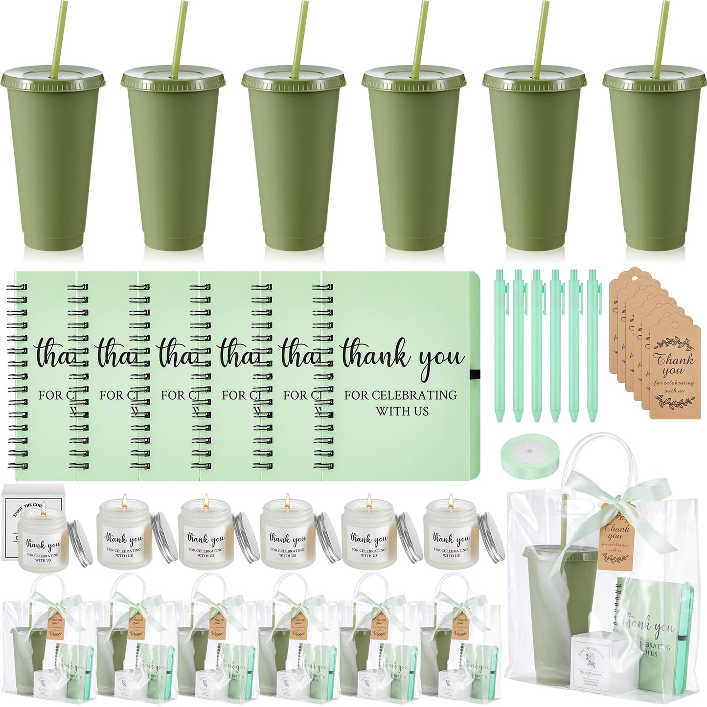 Nuogo 6 Sets New Parent Shower Prizes for Player Winners Adult, Wedding Bridal Shower Gift, Plastic Tumbler Notebook Scented Candle Ballpoint Pen Bag (Green Color,Classic Style)