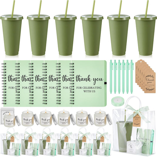 Nuogo 6 Sets New Parent Shower Prizes for Player Winners Adult, Wedding Bridal Shower Gift, Plastic Tumbler Notebook Scented Candle Ballpoint Pen Bag (Green Color,Classic Style)