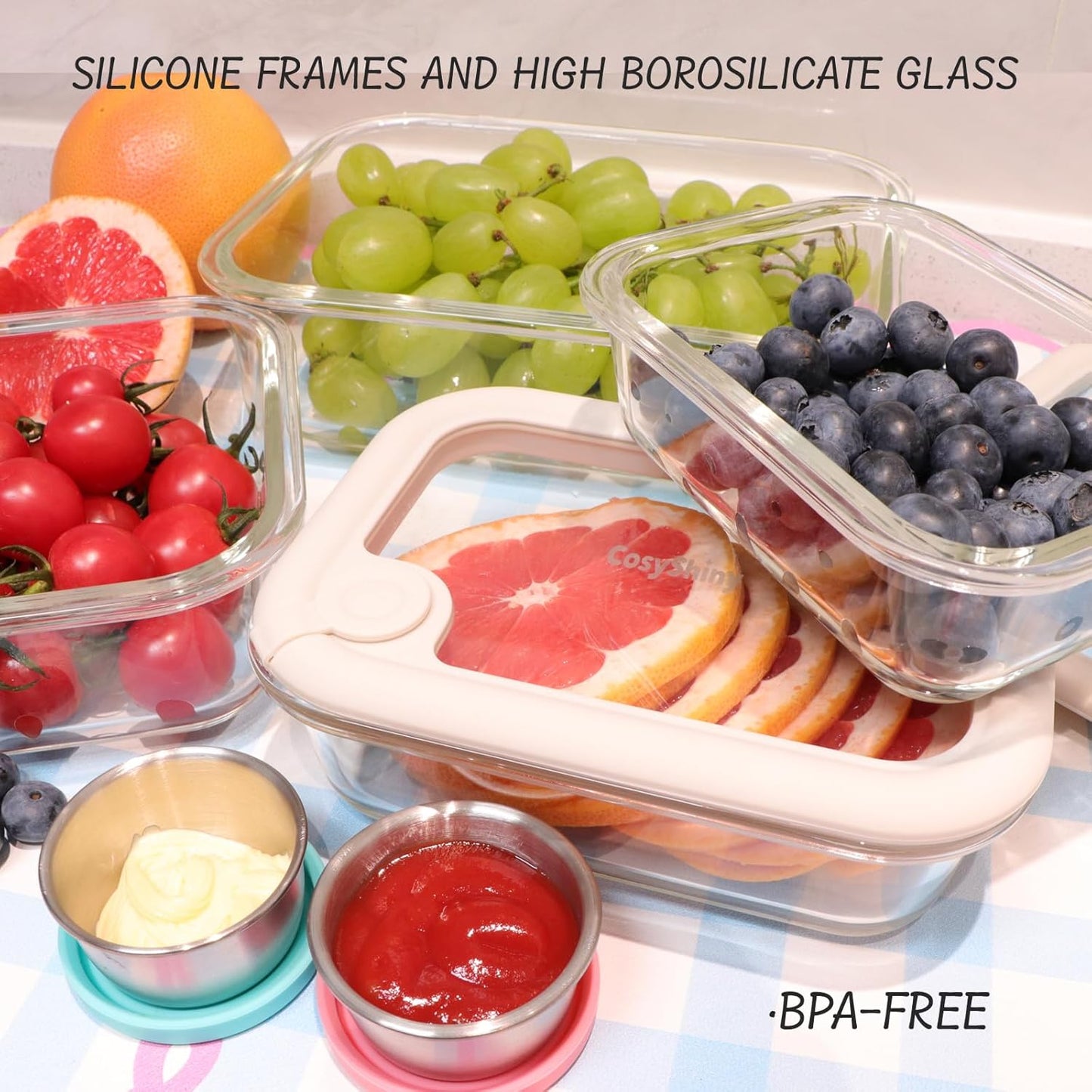 Skiennix Glass Food Storage Containers - Leakproof Silicone Lids | 4-Pack Set (12-21-35-50 oz, White)