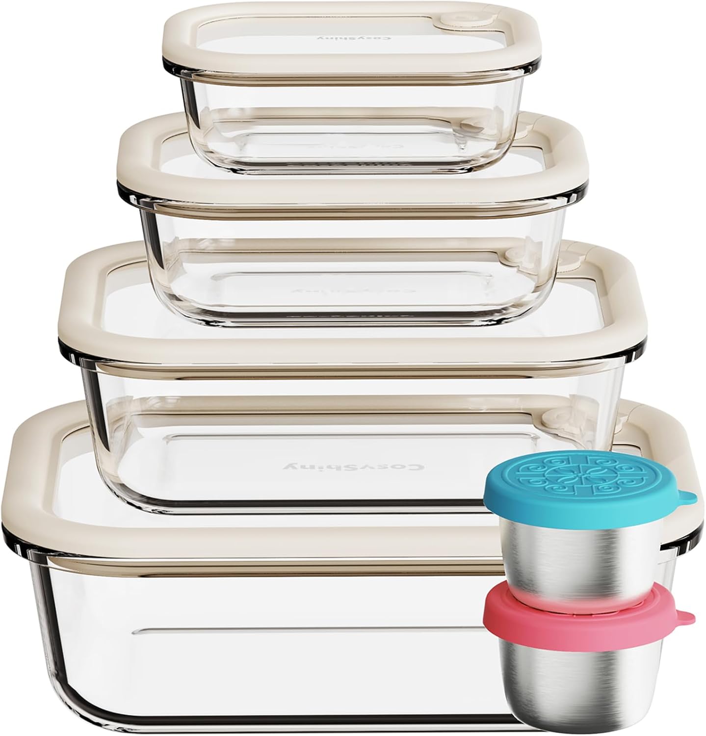 Skiennix Glass Food Storage Containers - Leakproof Silicone Lids | 4-Pack Set (12-21-35-50 oz, White)