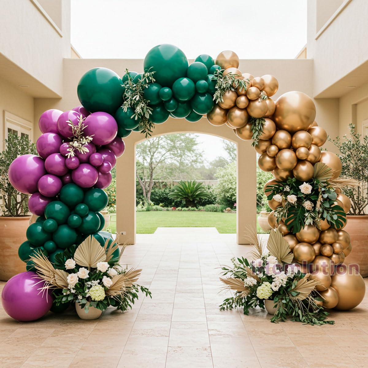 Purple Green and Champagne Gold Balloon Arch Kit – Double Stuffed Plum, Emerald, Hunter Green, and Metallic Champagne Balloons for Mardi Gras, Wedding, Birthday, Fall Party, Baby Shower