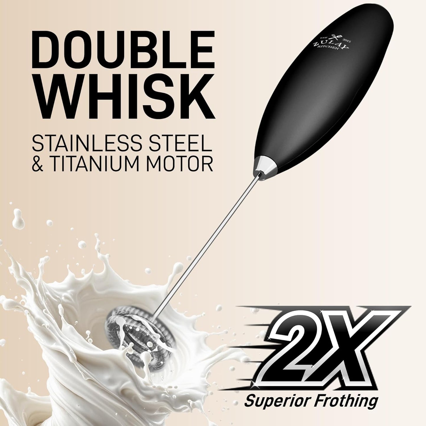 Zulay Kitchen Double Whisk Milk Frother - Powerful Handheld Foam Maker for Coffee, Lattes & More | Includes 2 Duracell Batteries