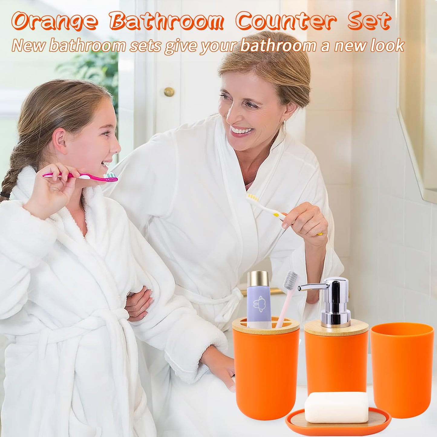 SLDIYWOW 9 Pieces Orange Bathroom Accessory Set, Plastic Bathroom Accessories Set with Trash Can,Soap Dispenser,Toothbrush Holder,Toothbrush Cup,Soap Dish,Toilet Brush and Q-tip Holders for Bathroom