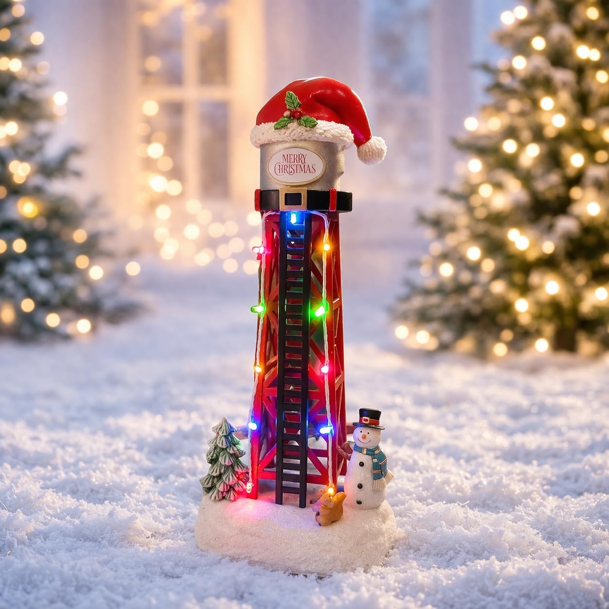 Moments In Time Water Tower Christmas Village - 12” LED Holiday Tabletop Decor with Santa Hat & Snowman