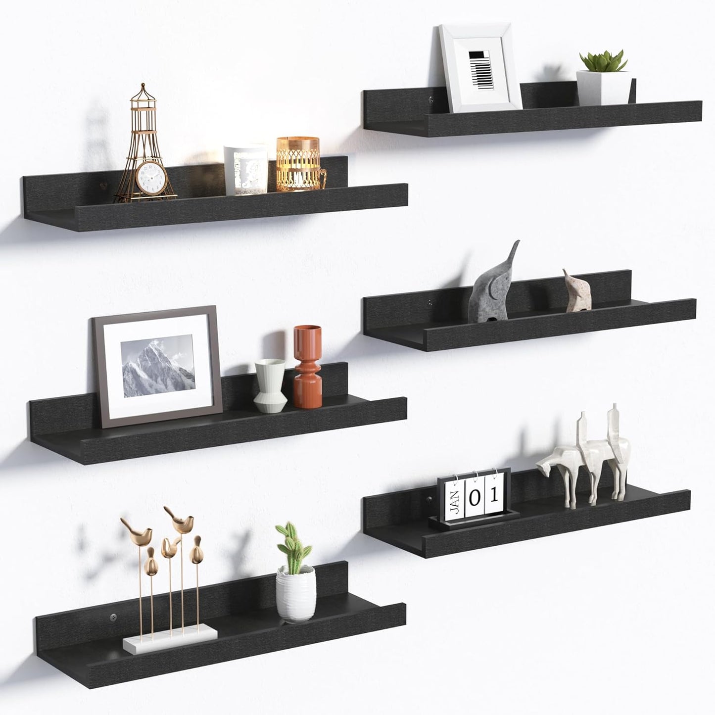 Upsimples Floating Wall Shelves - Set of 6 Decorative Wood Shelves for Bedroom, Living Room, Bathroom, Kitchen | Black