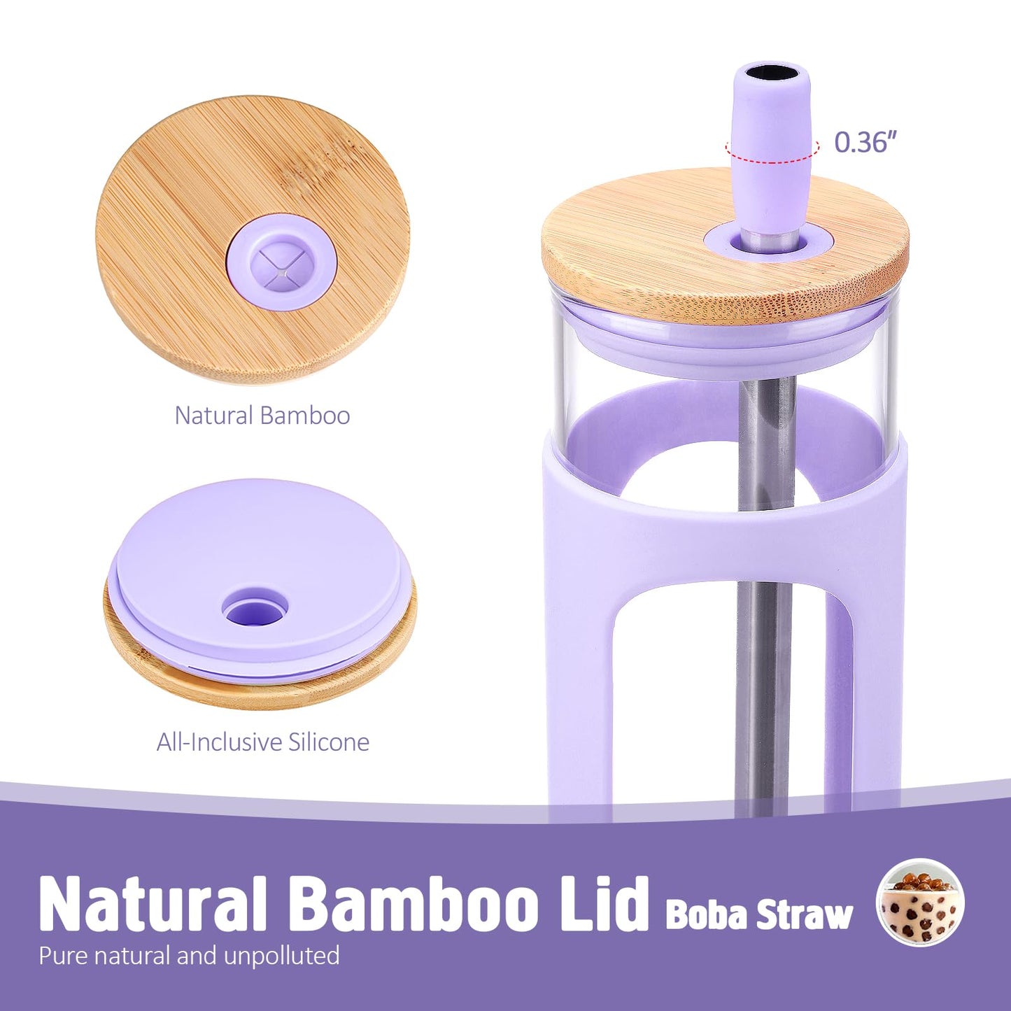Kodrine 24oz Glass Tumbler with 2 Lids and Straws, Glass Cup With Bamboo Lid and On-the-go Lid, Reusable Iced Coffee Cup, Ideal for Smoothie, Cold Drinks, Fit Cup Holder, BPA Free (1, Purple)