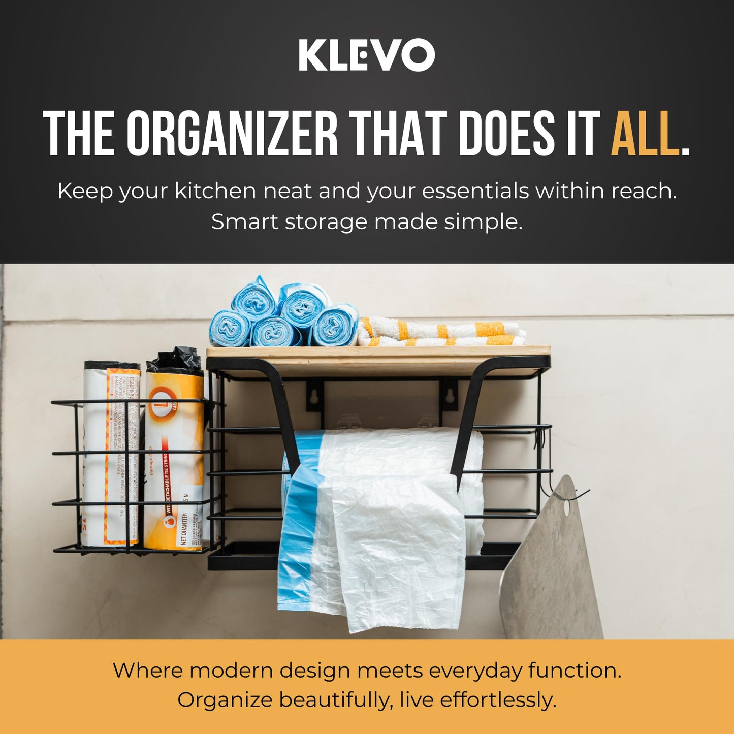KLEVO 3-in-1 Extra Large Under Sink Trash Bag Holder – Wall Mounted Garbage Bag Dispenser with Detachable Basket & 2 Hooks – Kitchen Cabinet & Laundry Room Organization for 13/33 Gallon Trash Bags
