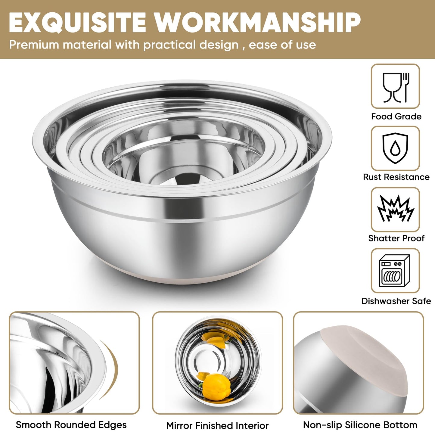 TeamFar Khaki Mixing Bowls, Stainless Steel Metal Nesting Salad Bowls with Airtight Lids Set of 5, Healthy & Heavy Duty, Non-slip Bottom & Airtight Lid, 7/3.5/2.5/1.5/1 QT