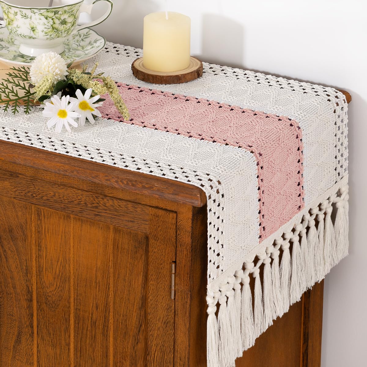 Socomi Boho Table Runner Easter Spring Farmhouse Rustic Dining Kitchen Centerpiece Decor Small Macrame Woven Cotton Linen Coffee Table Runner for Dresser Scarf Home Decor 12x60 inPink Ivory