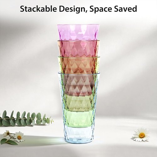 Freshmage 20 oz Unbreakable Drinking Glasses - Set of 8 Jewel Tone Reusable Tumblers | BPA-Free, Stackable, Microwave Safe