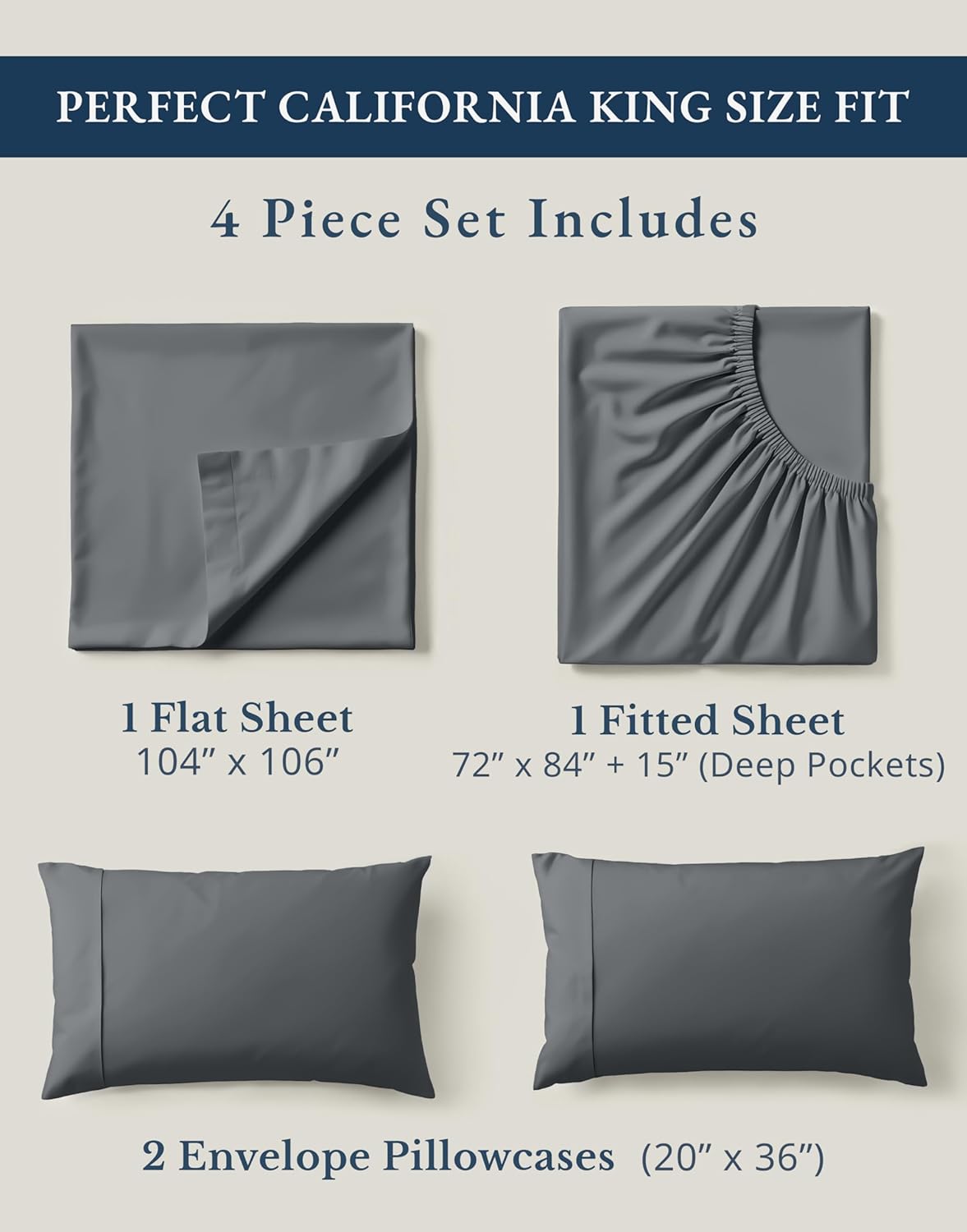 LANE LINEN 100% Organic Cotton California King Sheet Set - Fully Elasticized & Machine Washable | Charcoal Color